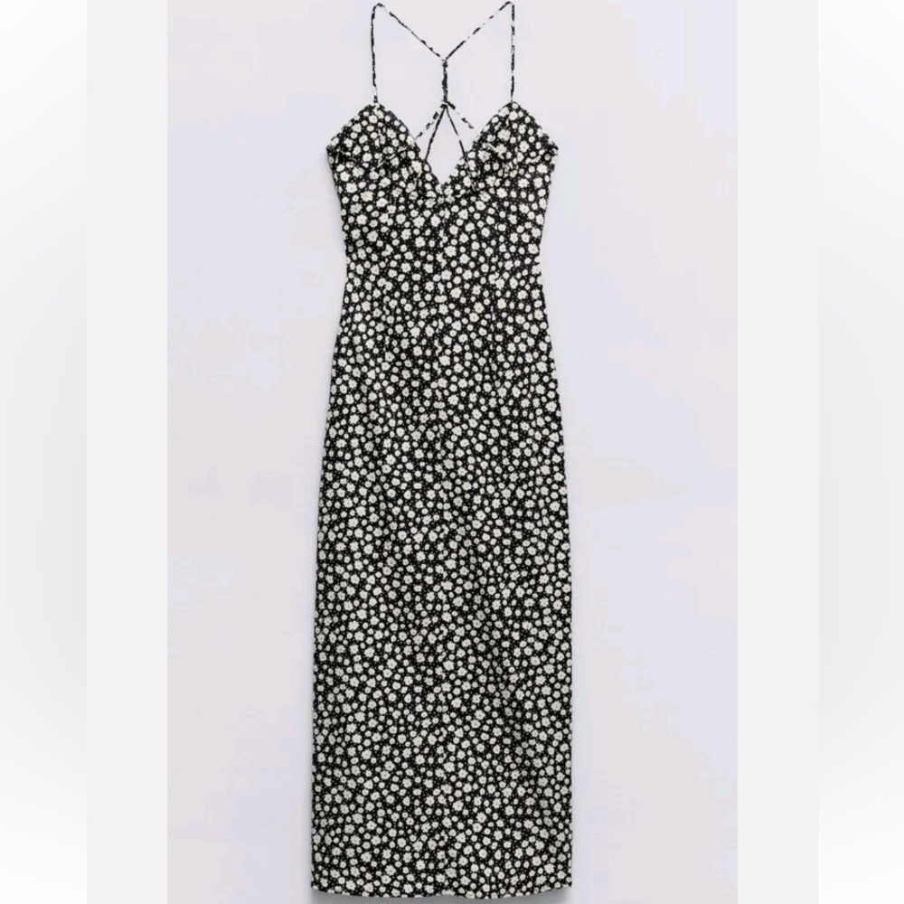 NWT Zara Black and White linen strappy Floral Maxi Dress - Picture 4 of 10